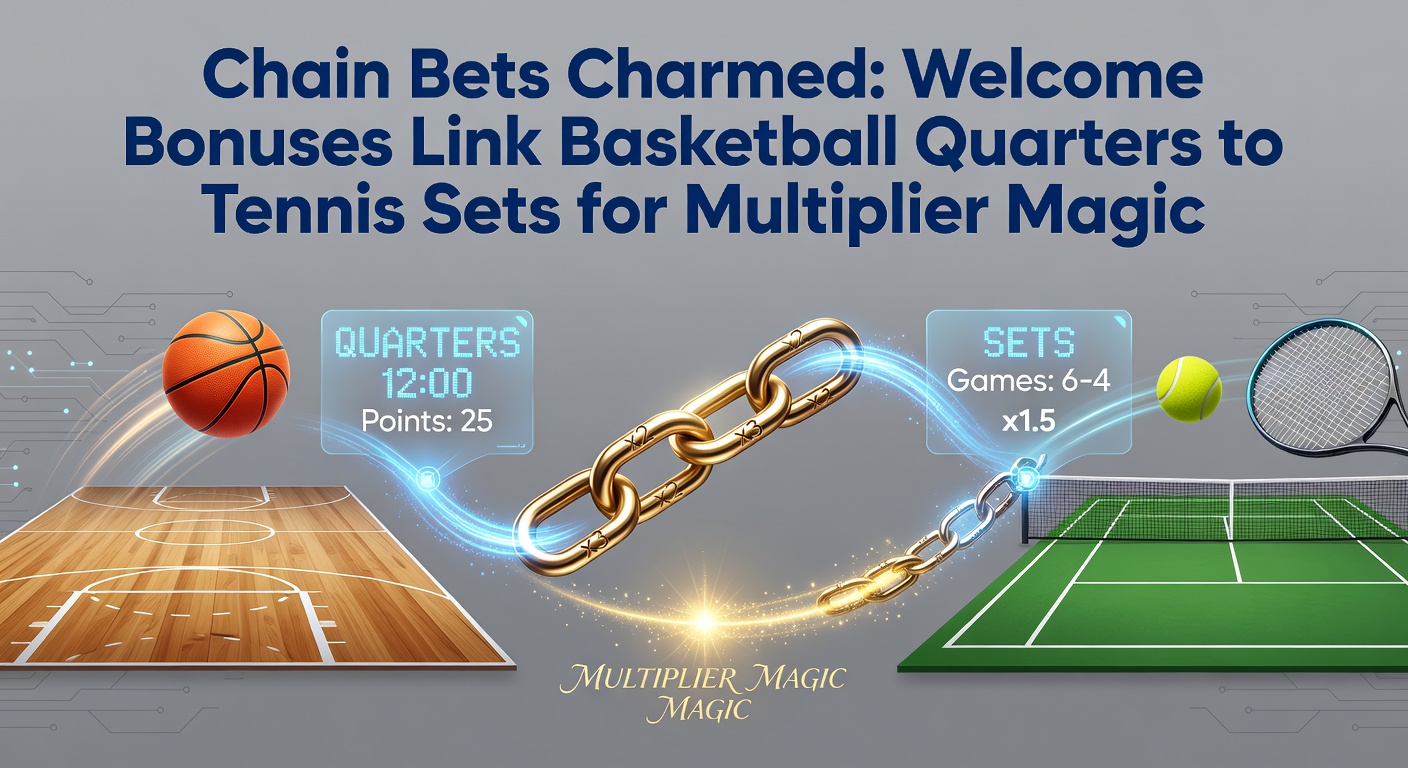 Dynamic overlay of a basketball court merging with a tennis court, chains of glowing multipliers connecting quarters and sets amid betting slips and bonus icons