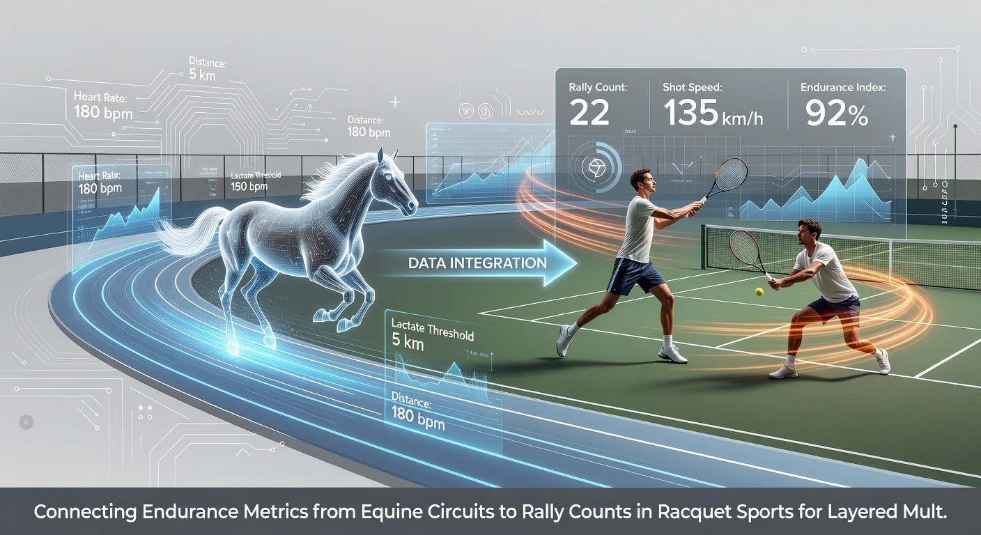 Infographic showing data flow between equine endurance logs and racquet sport rally statistics for accumulator construction