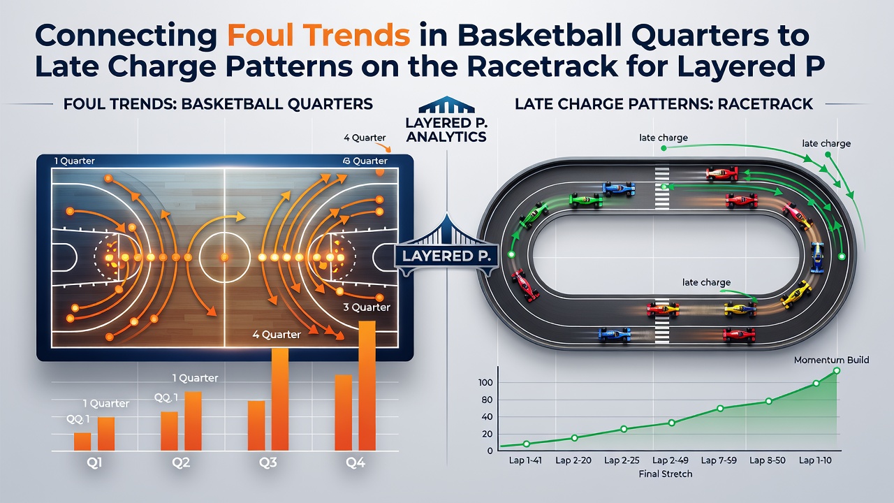 Detailed infographic showing layered parlay flow from basketball fouls to racetrack charges with statistical overlays