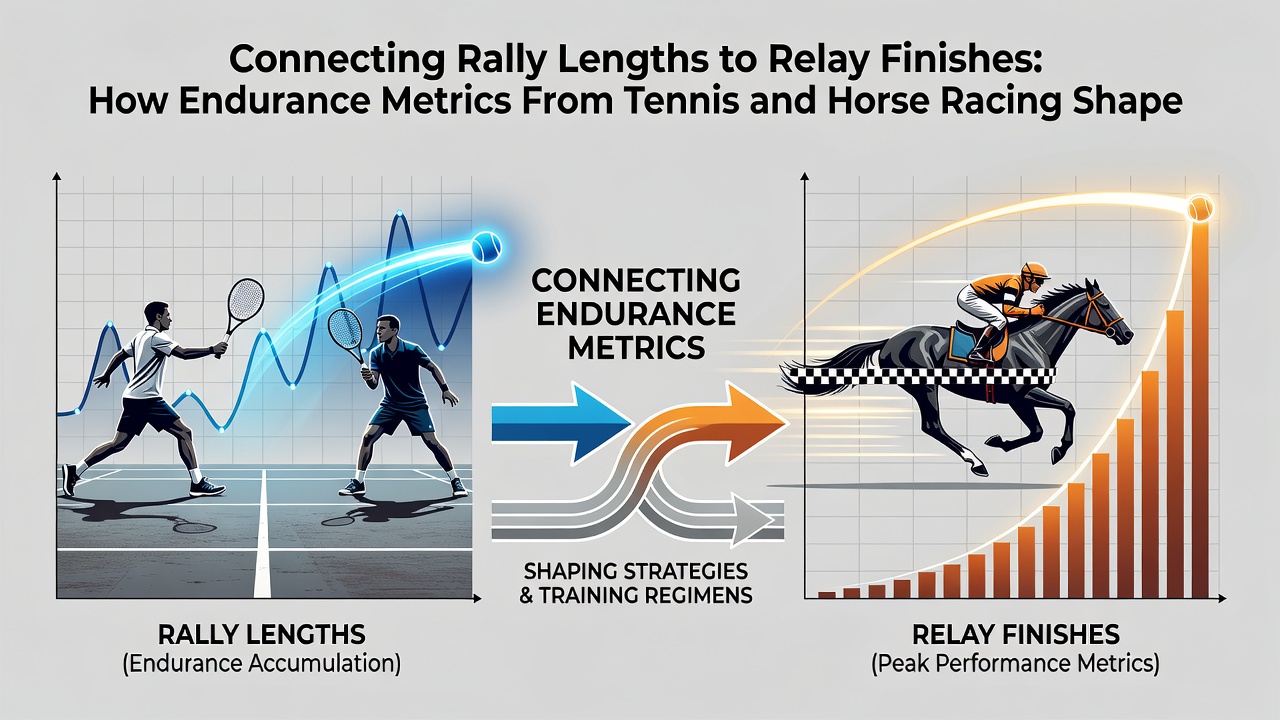 Layered accumulator diagram showing tennis rally stats flowing into horse racing finish times with bonus multiplier stages