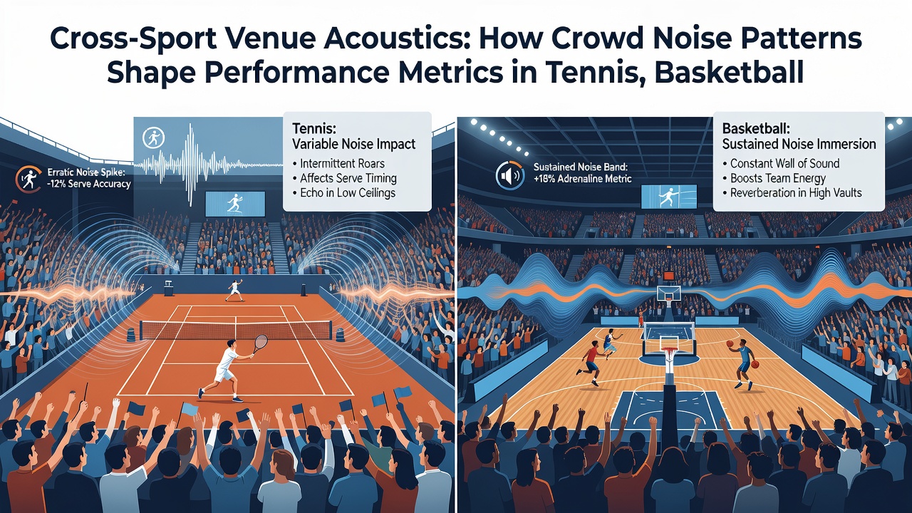 Interior view of a basketball arena with overlaid acoustic heat maps illustrating noise concentration near visitor benches