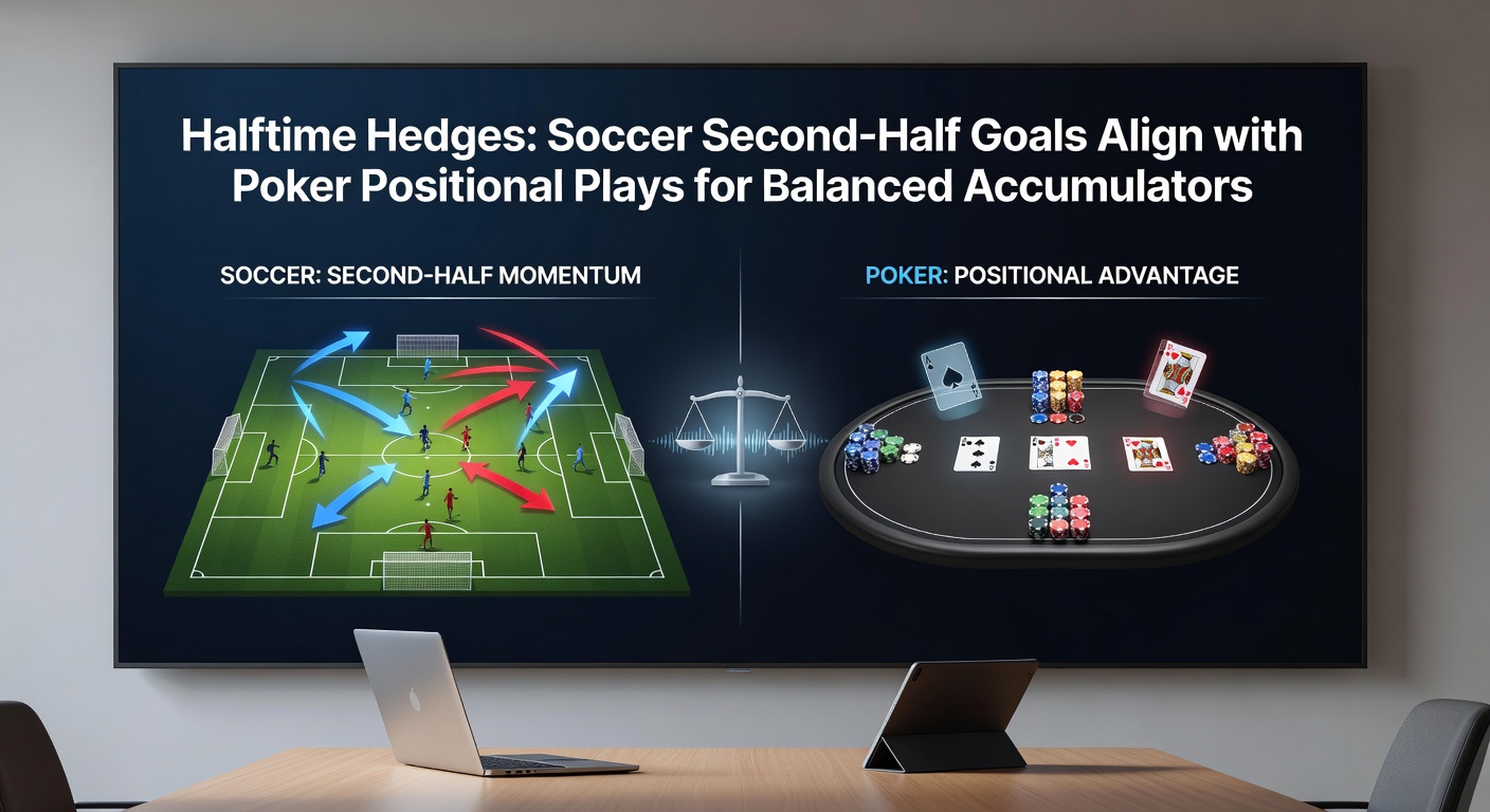 Soccer players battling in the second half under stadium lights, with a poker table overlay showing positional chips in the foreground