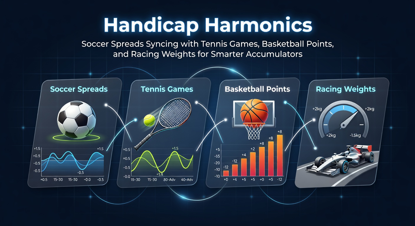 Graphic illustrating synced handicap lines across soccer fields, tennis courts, basketball arenas, and horse racing tracks, with overlapping betting lines and accumulator chains