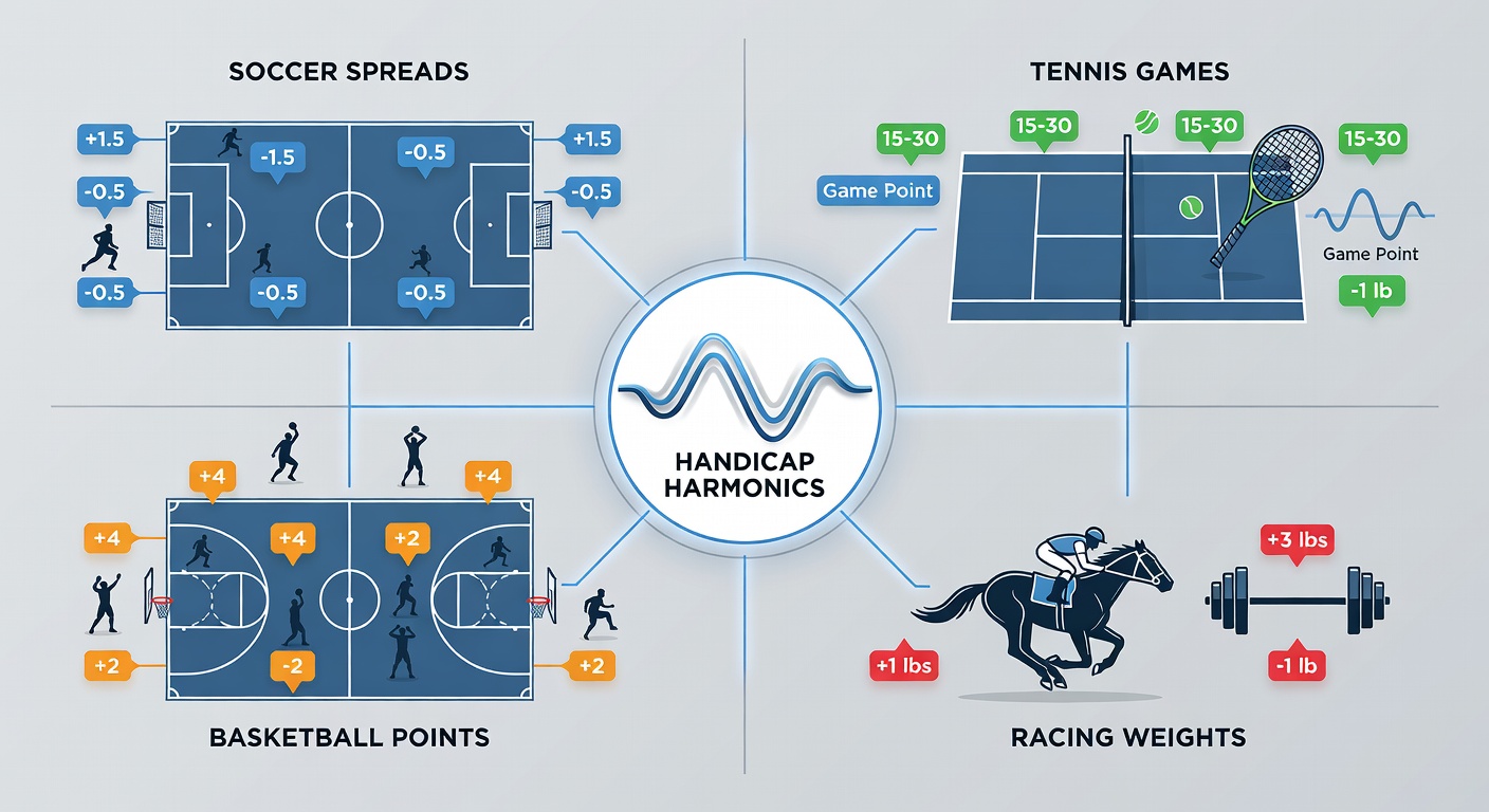 Close-up visualization of harmonic betting lines converging: soccer goal lines merging with tennis break points, basketball score charts, and racing weight scales in a unified accumulator diagram