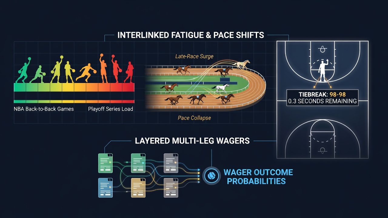 Basketball court scene showing player fatigue during a late-game scenario, with horse racing track and tennis court overlays representing cross-sport betting patterns