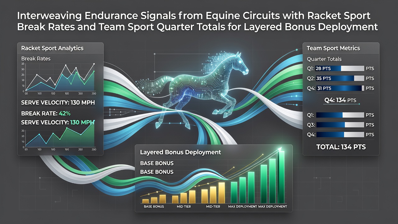 Data visualization showing interconnected sports metrics for endurance signals, break rates, and quarter totals