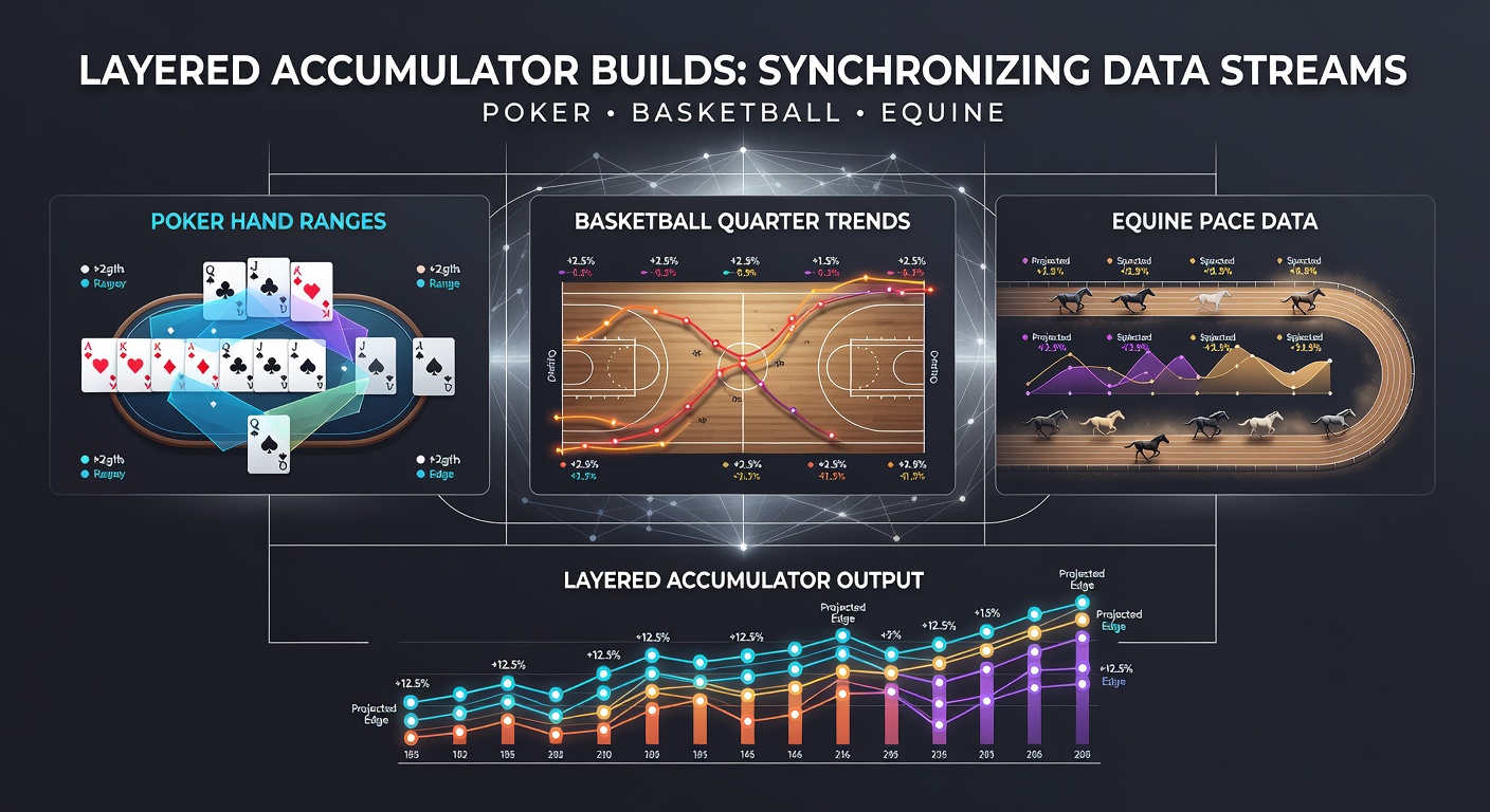 Poker hand range charts displayed alongside basketball quarter statistics and horse racing pace graphs used for accumulator construction