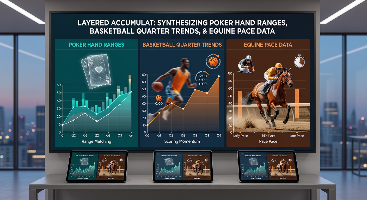 Detailed view of layered accumulator bet slips showing matched poker ranges, basketball quarter data points, and equine pace statistics
