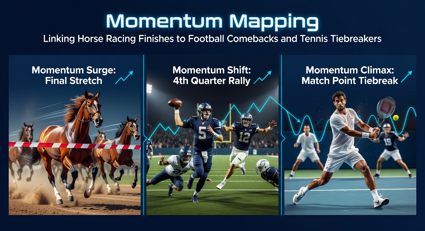 Graph showing momentum surges in horse racing finishes overlaid with football comeback timelines and tennis tiebreaker shifts