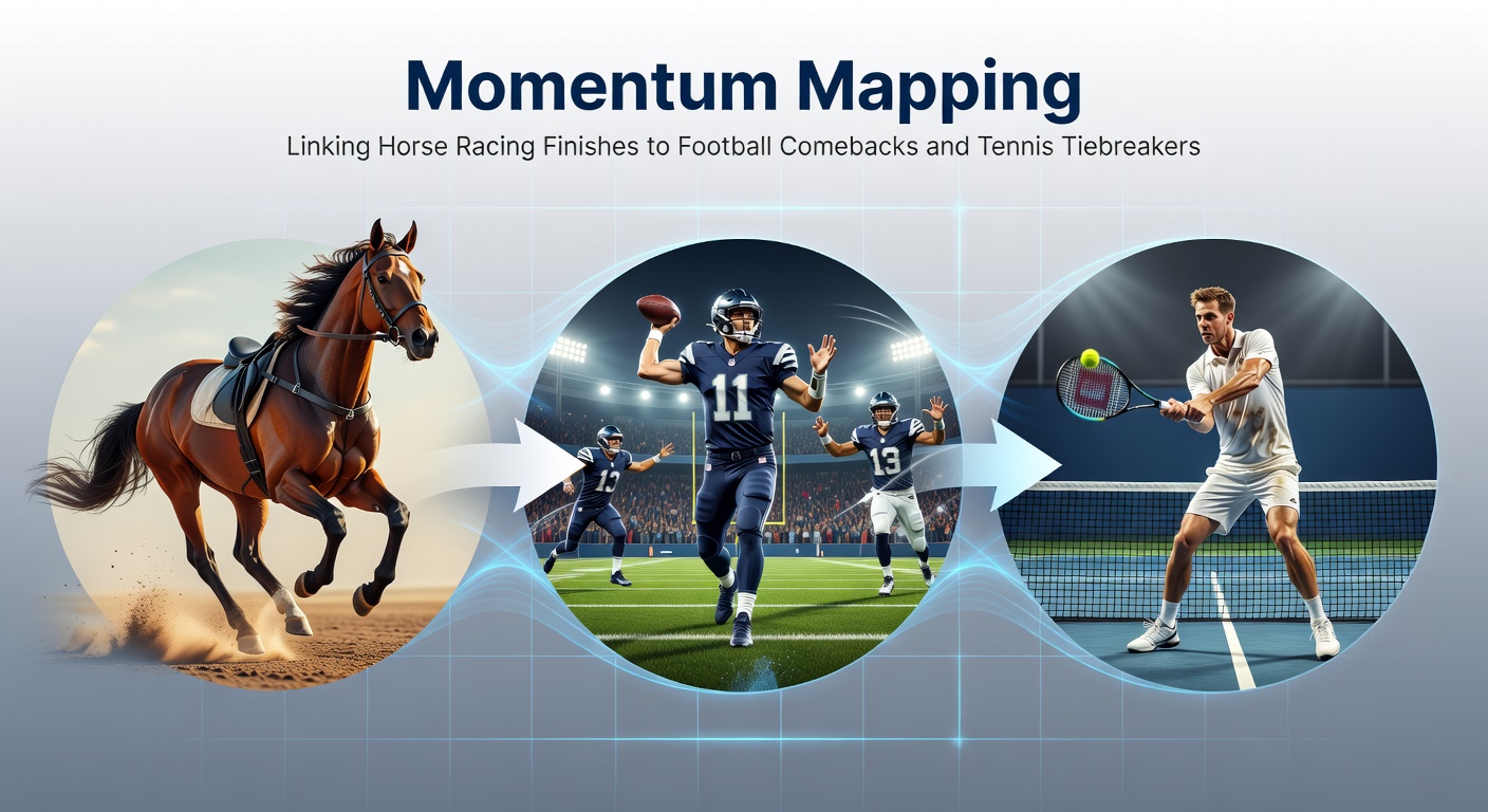 Collage of a horse surging in a race finish, football players celebrating a late goal, and tennis player winning a tiebreaker point