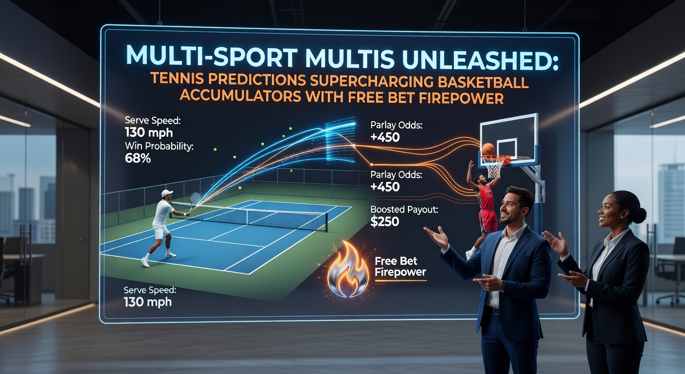 Dynamic graphic showing tennis racket clashing with basketball hoop amid exploding accumulator odds and free bet icons