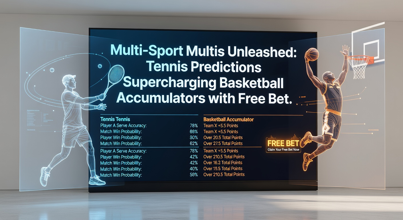 Collage of tennis pros serving aces alongside basketball players dunking, overlaid with accumulator chains and free bet vouchers bursting with multipliers