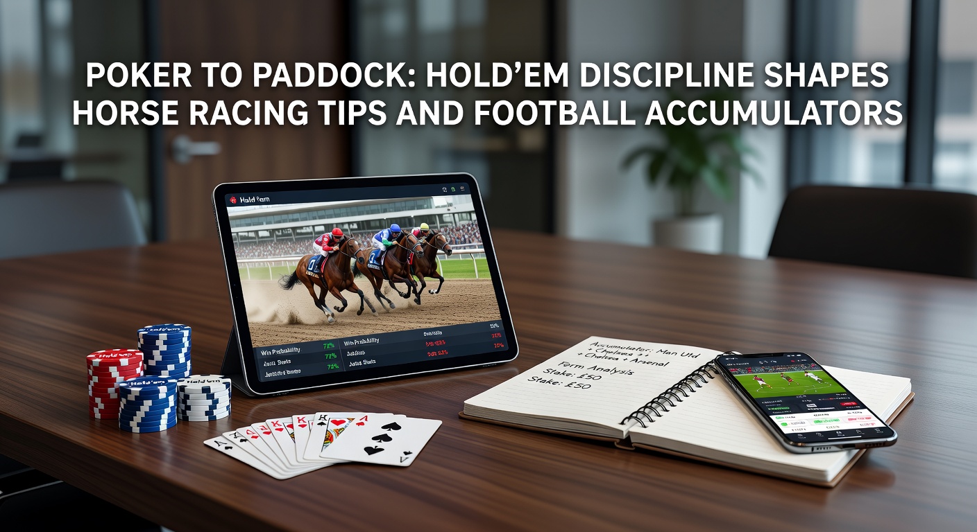 A poker player folding cards at a Hold'em table, with a subtle overlay of a horse racing paddock and football pitch in the background, symbolizing skill crossover