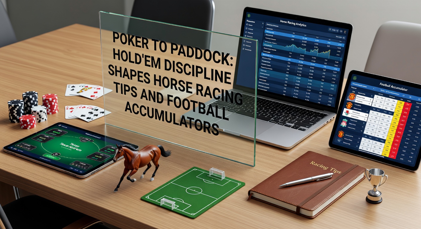 Split-image showing a stack of poker chips morphing into horse racing silks and a football accumulator slip, highlighting strategic overlaps in betting discipline