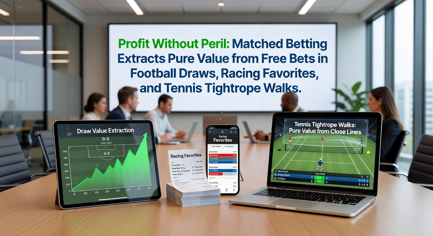 Illustration of matched betting process showing back and lay bets balancing on a scale for risk-free profit from free bets in sports like football, racing, and tennis