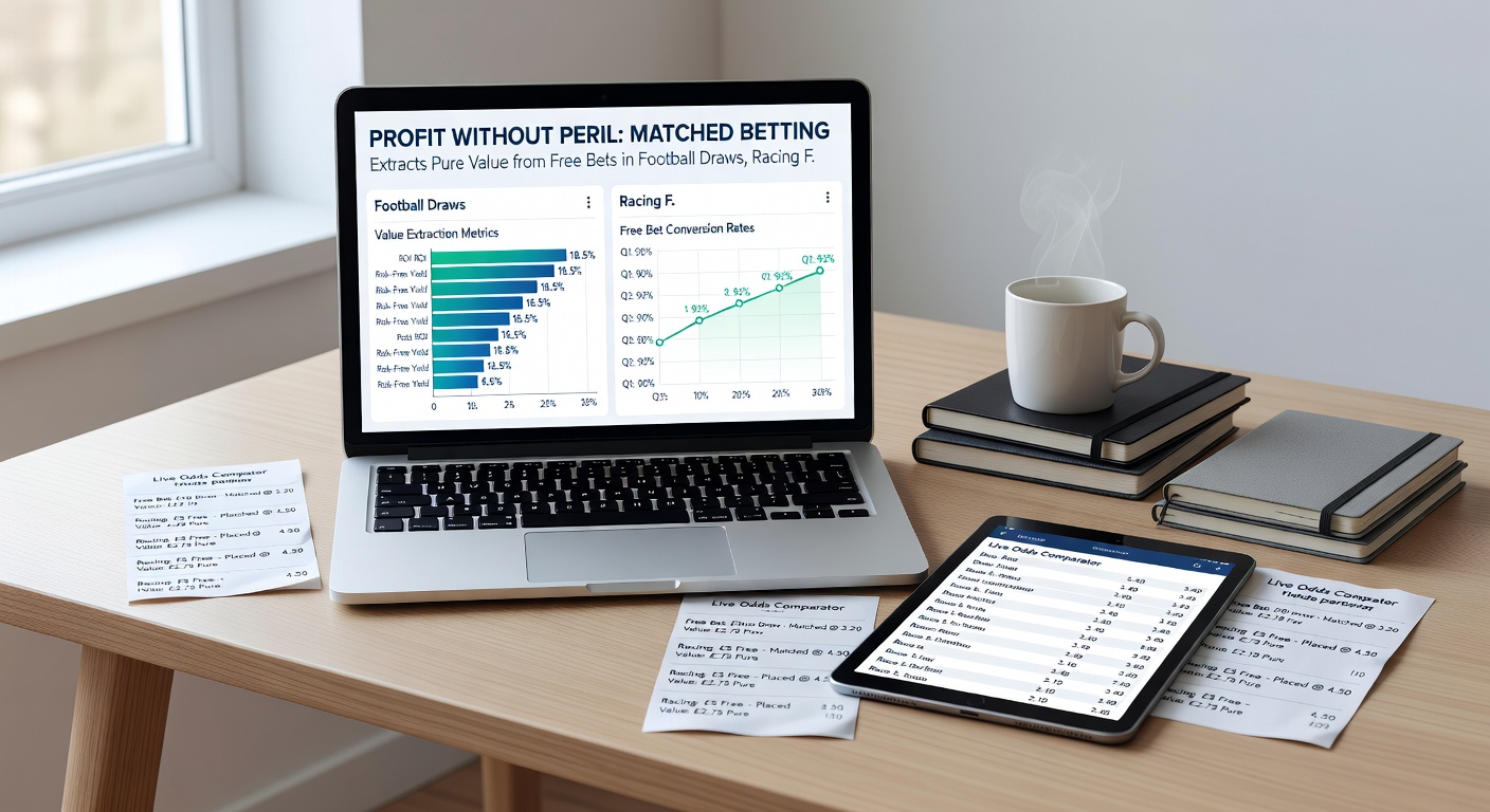 Dynamic graphic of horse racing favorites in action, overlaid with matched betting odds comparison charts highlighting profit extraction from free bet offers