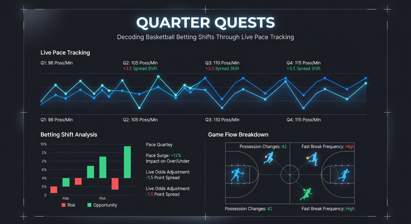 Basketball players in fast-paced action on court with overlaid pace tracking graphics showing quarter-by-quarter shifts