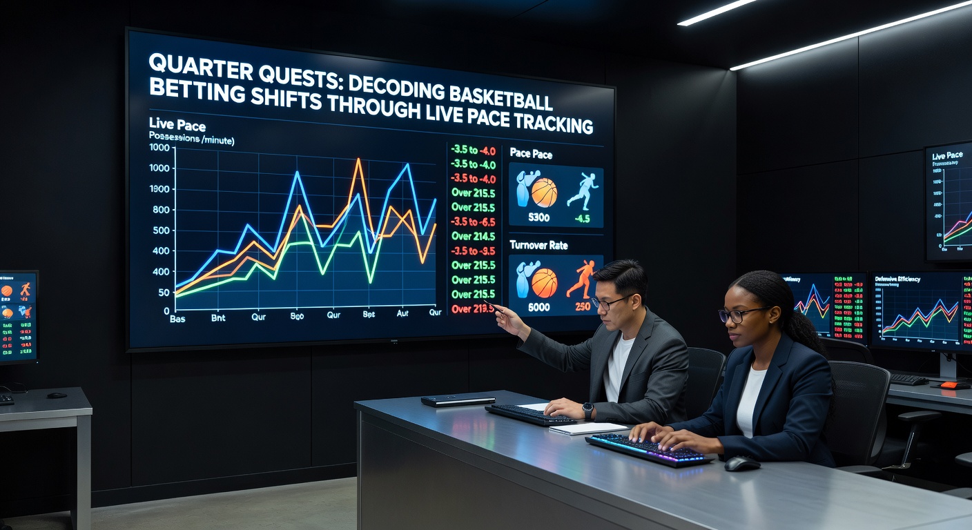 Digital dashboard displaying live basketball pace metrics, betting lines shifting in real-time overlays during a tense fourth quarter