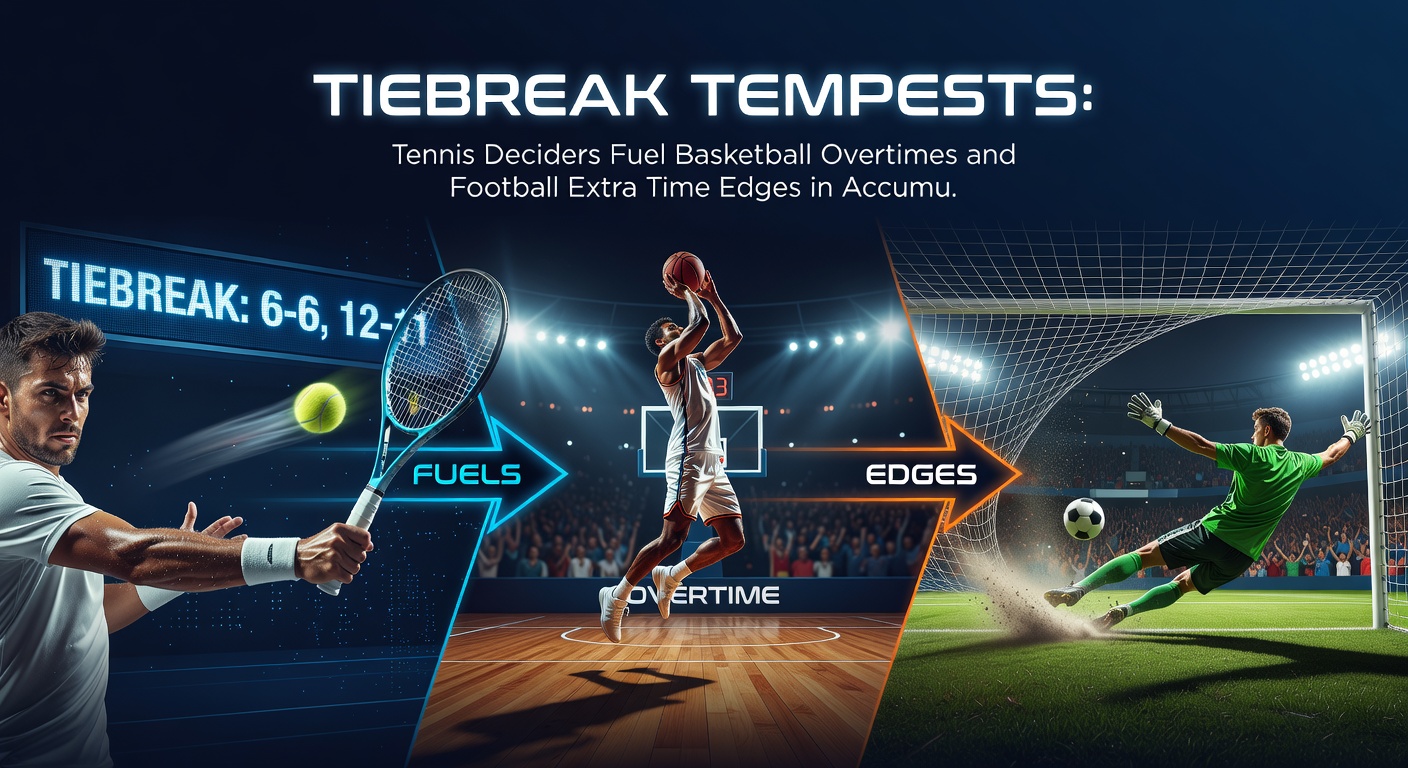 Basketball players battling in overtime, sweat-drenched and focused, with scoreboard showing tied game extending into extra minutes akin to tennis tiebreak frenzy