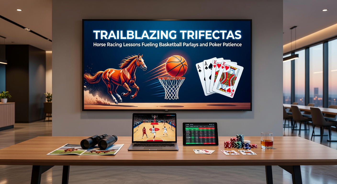 Intense poker table showdown with chips stacked high, a basketball game visible on a screen in the background, symbolizing cross-discipline betting strategies