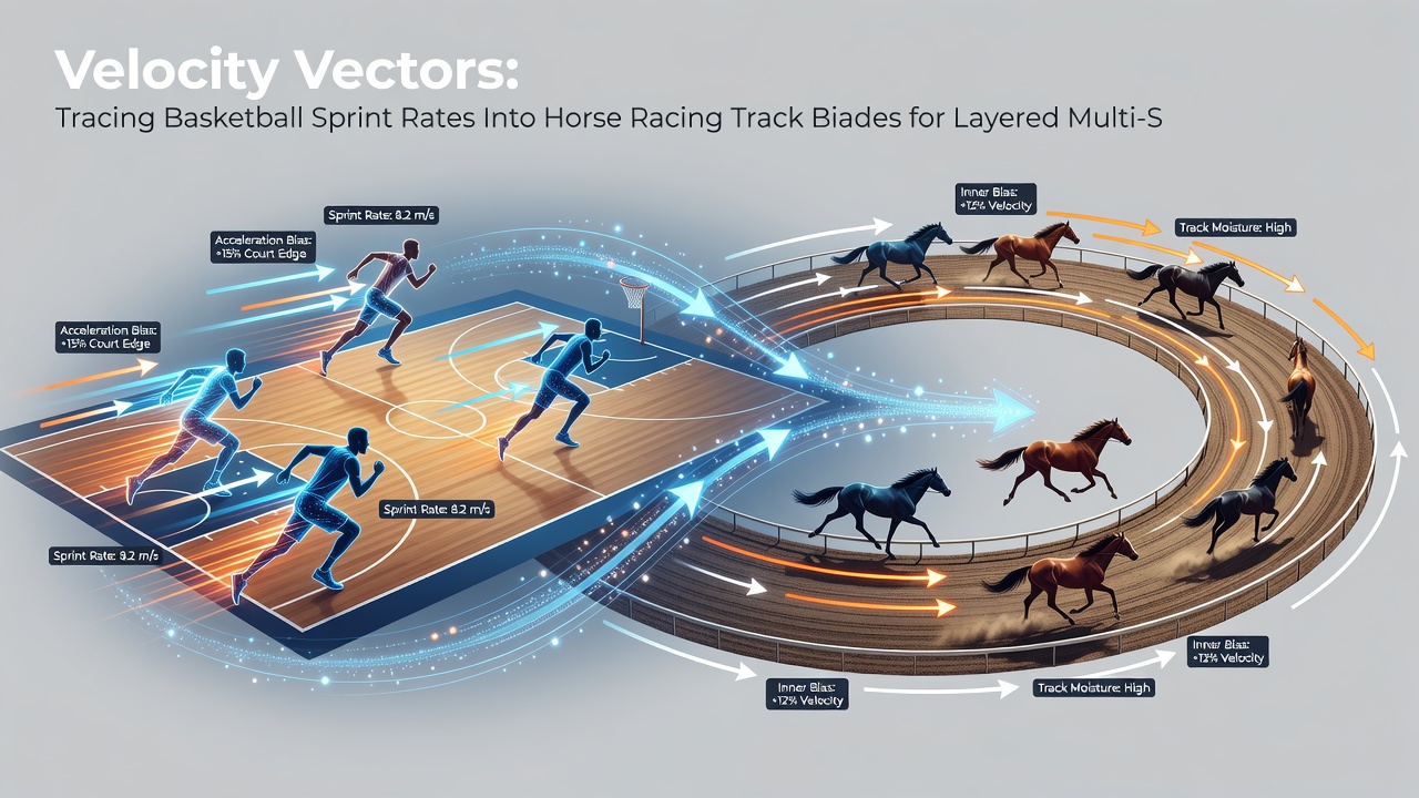 Detailed overlay of horse racing track bias heatmaps aligned with basketball velocity vector charts for accumulator planning